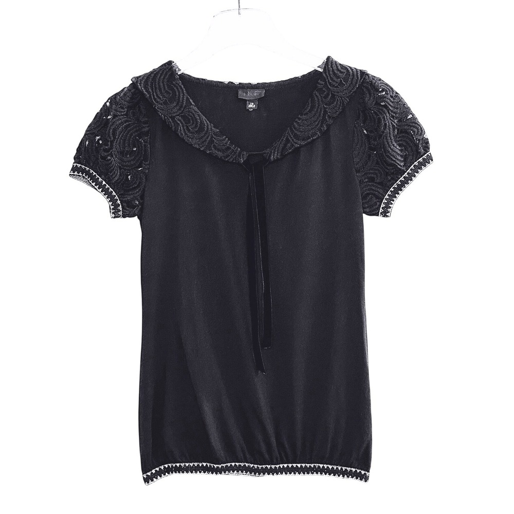 XS Anna Sui Black Lace Collar Velvet Tie Knit Top Short Sleeve Coquette Whimsy